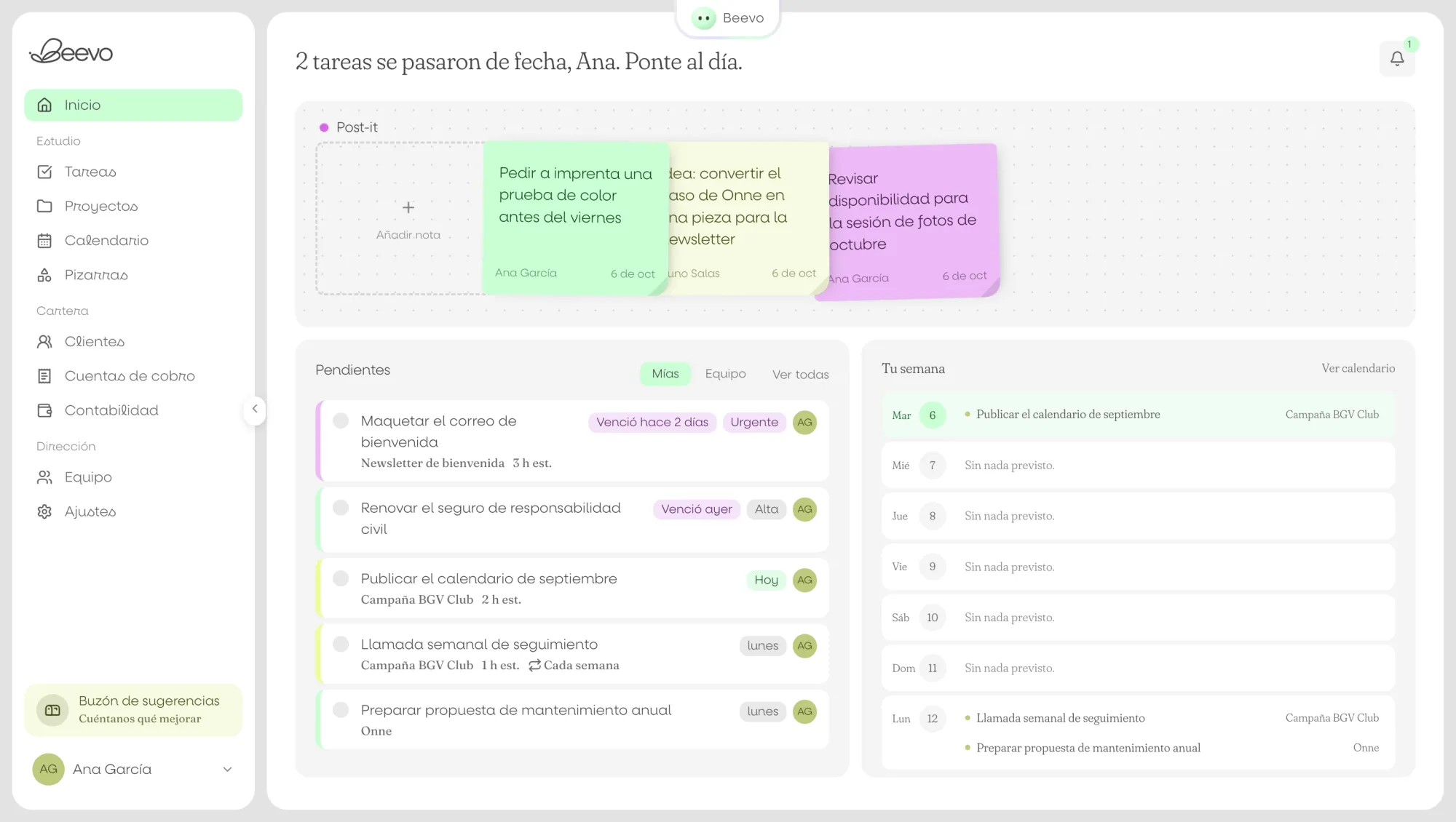 Inicio de Beevo: post-it, tareas pendientes y tu semana